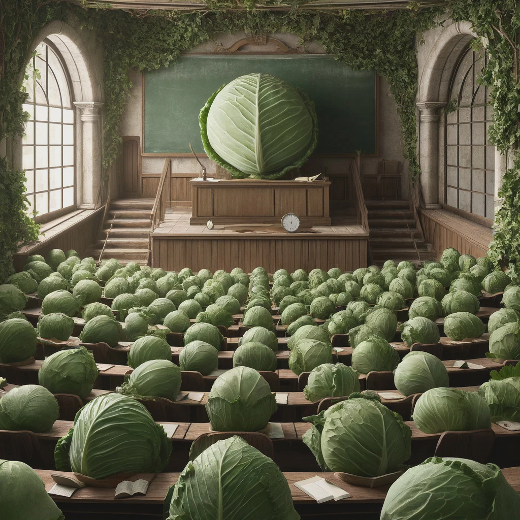 A contemplative cabbage surrounded by books on philosophy